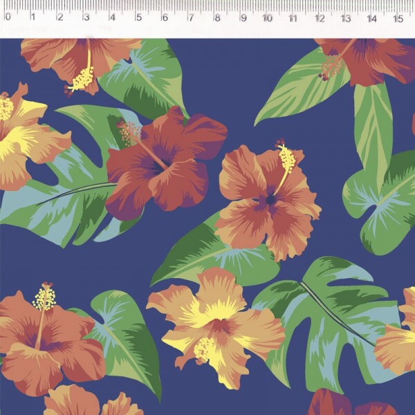 COLEÇÃO PARADISE - HIBISCO FUNDO AZUL ROYAL