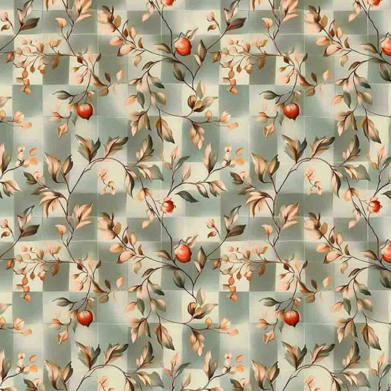 MI25 - TRICOLINE 100% ALGODÃO DIGITAL  - VERTENTE - FOLHAS COM FUNDO XADREZ- 0,50m X 1,50m