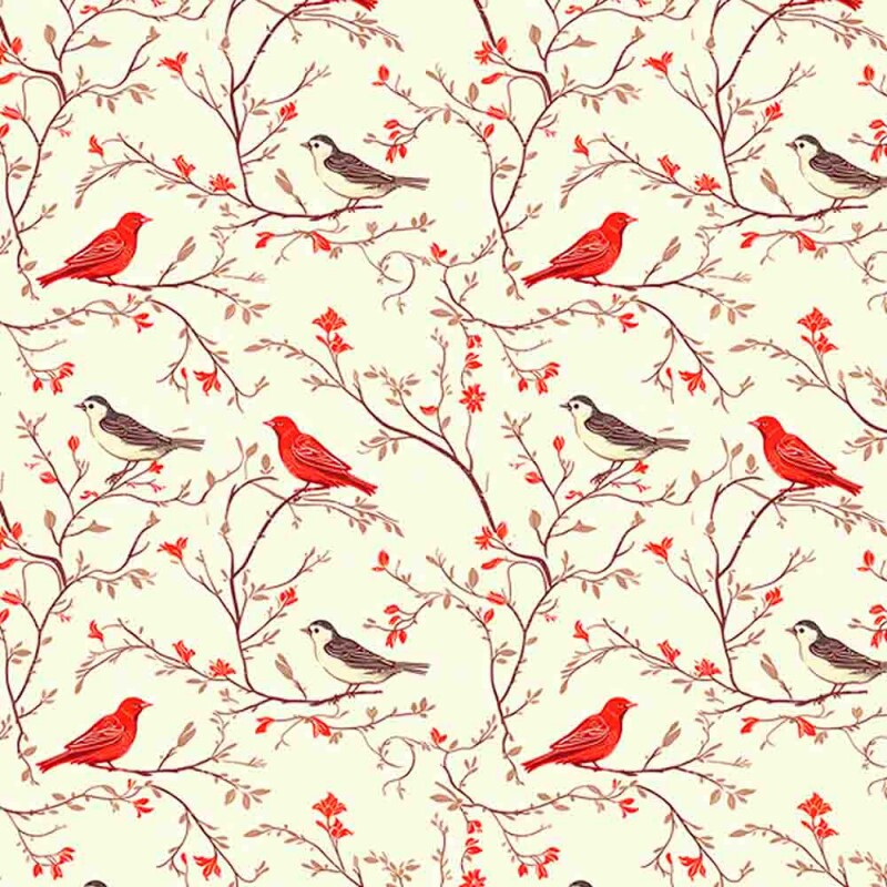 JL25 - TRICOLINE 100% ALGODÃO DIGITAL -COLEÇÃO VINTAGE RED - PASSARINHOS 99306/001