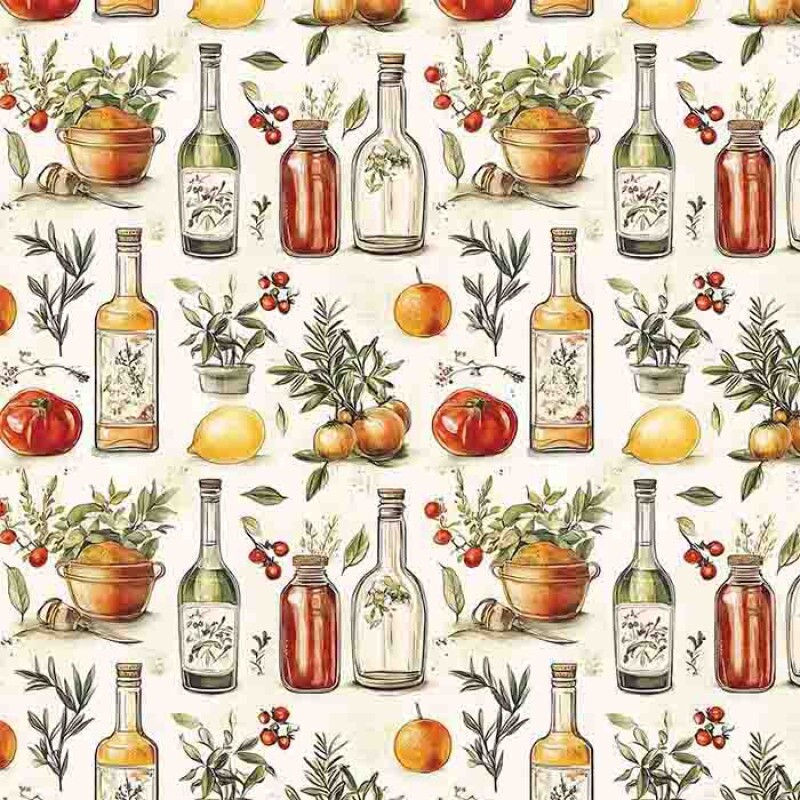 MG25 - TRICOLINE 100% ALGODÃO DIGITAL - COL. VINTAGE KITCHEN - FRUTAS E GARRAFAS 99620/001 MG25 - TRICOLINE 100% ALGODÃO DIGITAL - COL. VINTAGE KITCHEN - FRUTAS E GARRAFAS 99620/001