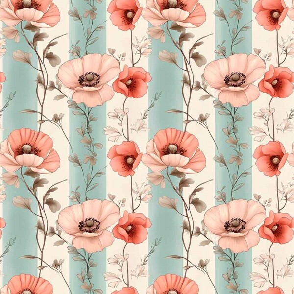 ST25 - TRICOLINE COLEÇÃO MINT POPPIES FLORAL LISTRADO - 100% ALGODÃO - 00953/001