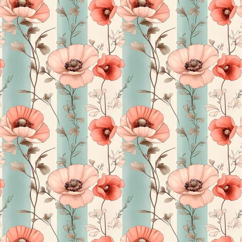 ST25 - TRICOLINE COLEÇÃO MINT POPPIES FLORAL LISTRADO - 100% ALGODÃO - 00953/001