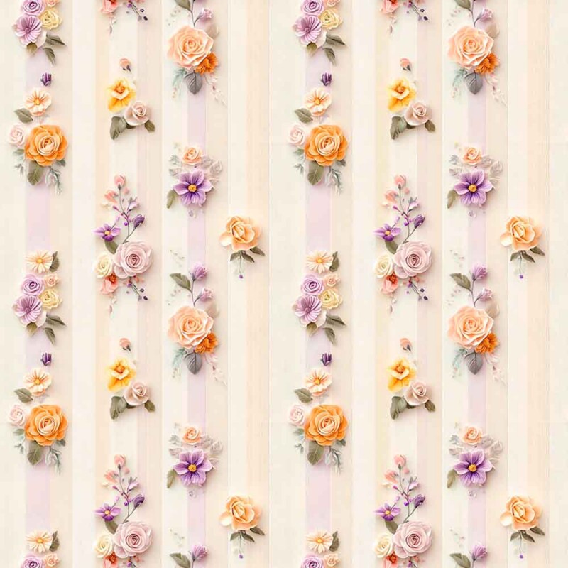 ST25 - TRICOL. ORANGE PURPLE - FLORES FUNDO LISTRADO - 100% ALGODÃO - 01061/001