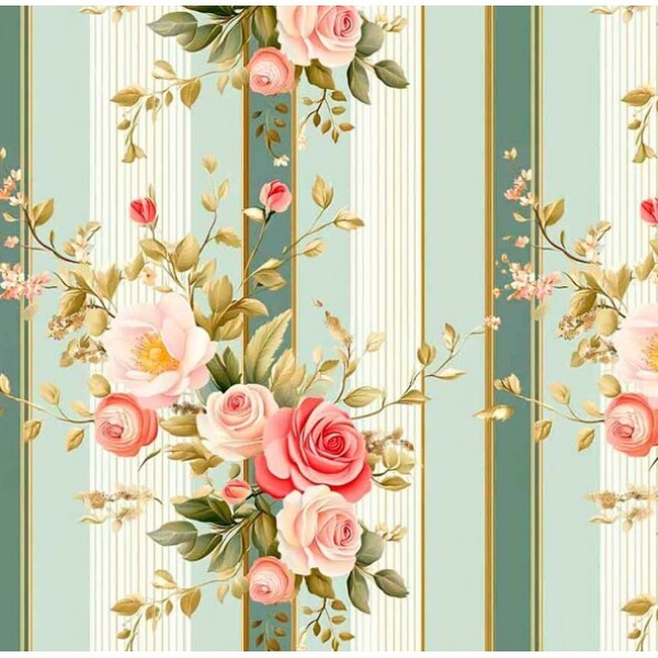 NV25 - TRICOL. COLEÇÃO ENCANTO BARROCO - FLORAL BUQUET FUNDO LISTRAS LARGAS - 100% ALGODÃO 04259-001