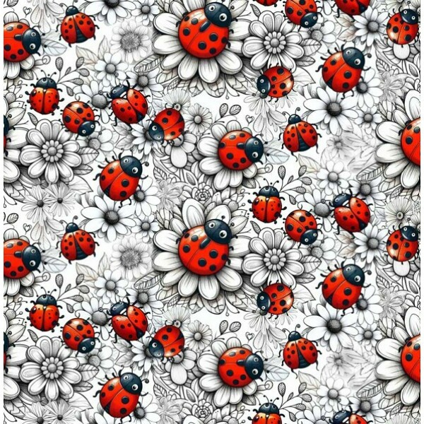 FV26 - TRICOL. COLEÇÃO LADY BEES - JOANINHAS COM FLORES PRETO E BRANCO - 100% ALGODÃO - A0515-001