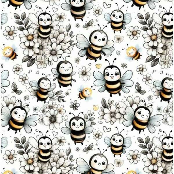 FV26 - TRICOL. COLEÇÃO LADY BEES - ABELHINHAS COM FLORES PRETO E BRANCO - 100% ALGODÃO - A0517-001