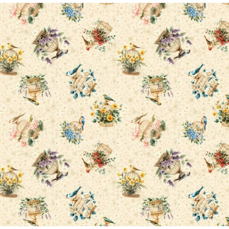 MR26 - TRICOL. COLEÇÃO CEU DE PASSARINHOS - GAIOLAS - 100% ALGODÃO - A1805-001