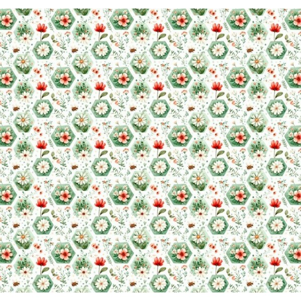 MR26 - TRICOL. COLEÇÃO CUTE GIRLS - FLORAL EM HEXAGONO - 100% ALGODÃO