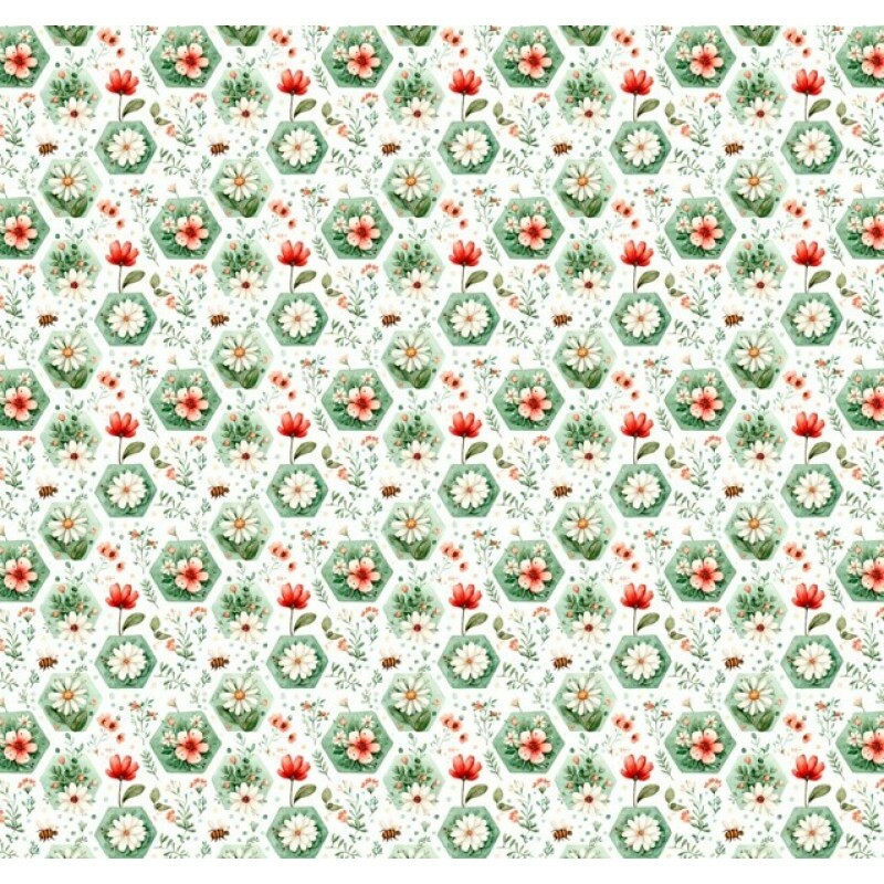 MR26 - TRICOL. COLEÇÃO CUTE GIRLS - FLORAL EM HEXAGONO - 100% ALGODÃO