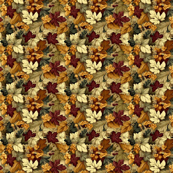 AB26 - TRICOL. COLEÇÃO GOLDEN GROVE - FOLHAS FUNDO BEGE - 100% ALGODÃO - A2758-001