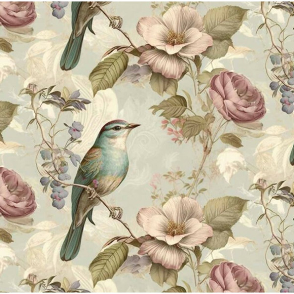 MI26 - SARJA HIDRORREPELENTE COLEÇÃO VINTAGE BIRDS - PÁSSAROS E ROSAS FUNDO CINZA - 100% ALGODÃO - A3331-001 MI26 - SARJA HIDRORREPELENTE COLEÇÃO VINTAGE BIRDS - PÁSSAROS E ROSAS FUNDO CINZA - 100% ALGODÃO - A3331-001