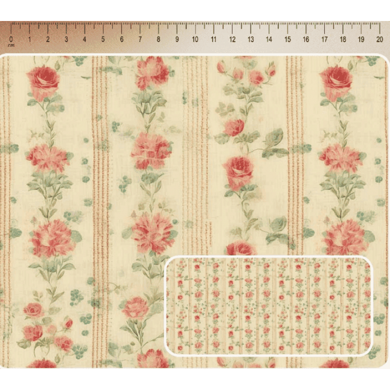 JN26 - TRICOL. COLEÇÃO SHABBY ROMANCE - FLORAL COM LISTRADO BEGE - 100% ALGODÃO - A3543-001