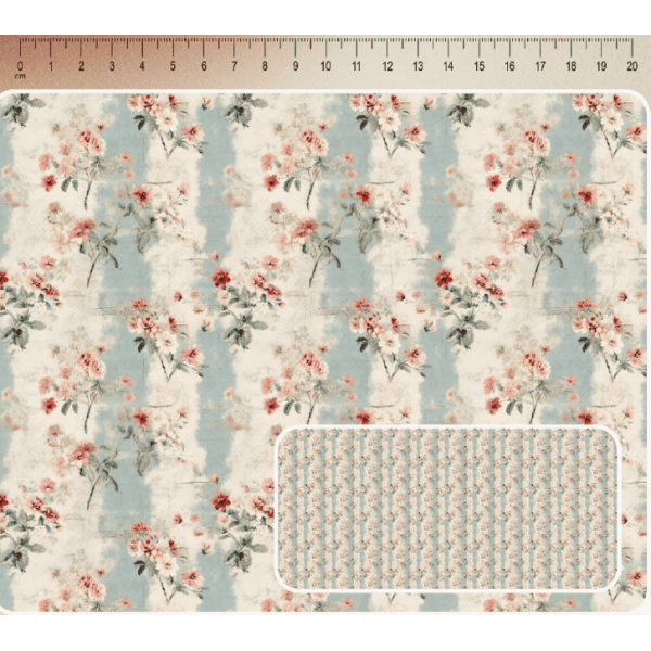 JN26 - TRICOL. COLEÇÃO SHABBY ROMANCE - FLORAL COM LISTRADO AZUL  - 100% ALGODÃO - A3542-001