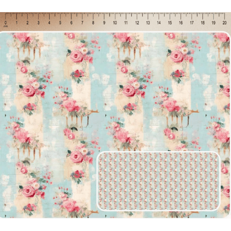 JN26 - TRICOL. COLEÇÃO SHABBY ROMANCE - FLORAL MIUDO COM FUNDO AZUL E BEGE - 100% ALGODÃO A3545-001