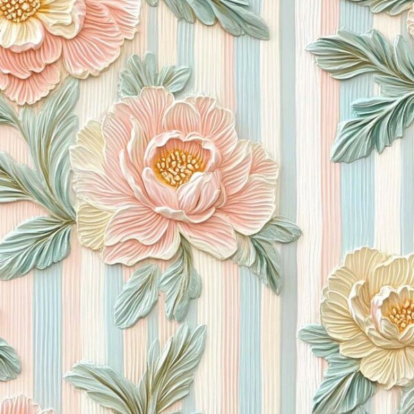 MI26 - TRICOL. COLEÇÃO PEONIES - FLOR GRANDE COM FUNDO LISTRADO - 100% ALGODÃO A4022-001