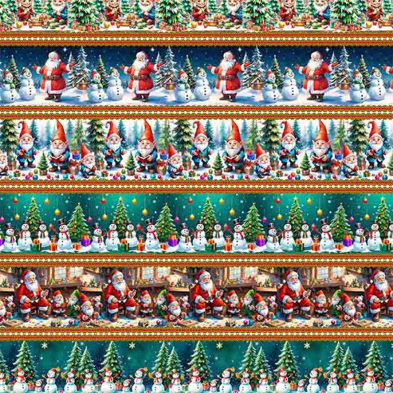 TRICOLINE 100% ALGODÃO DIGITAL  - NATAL 2025 -  BARRADO BONECO NEVE-DUENDE-PAPAI NOEL