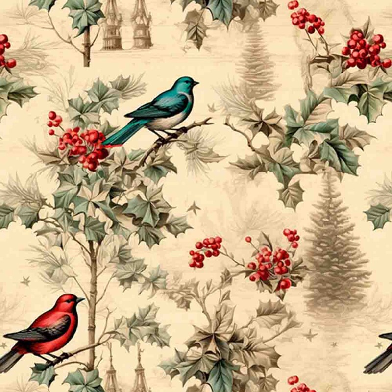 TRICOLINE 100% ALGODÃO DIGITAL - NATAL 2025 - VINTAGE PASSAROS TRICOLINE 100% ALGODÃO DIGITAL - NATAL 2025 - VINTAGE PASSAROS