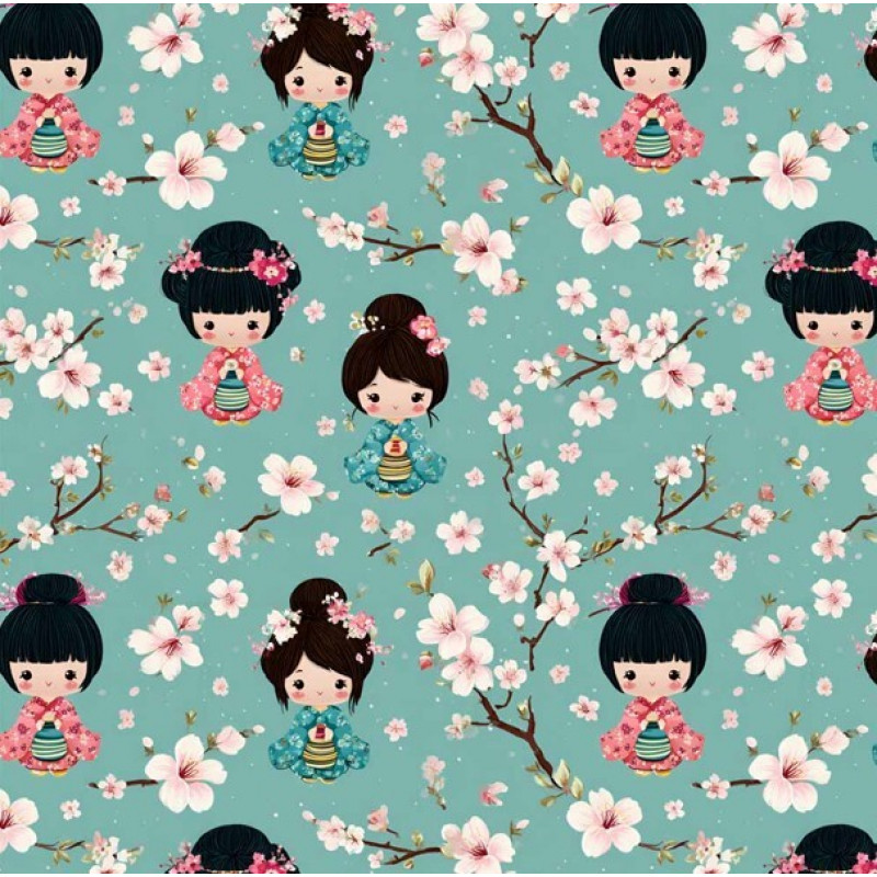 JA26 - TRICOL. CLUBE MAIS CRIATIVO - COLEÇÃO CUTE KOKESHI - JAPONESAS COM CEREJEIRAS - 100% ALGODÃO - 05755/001