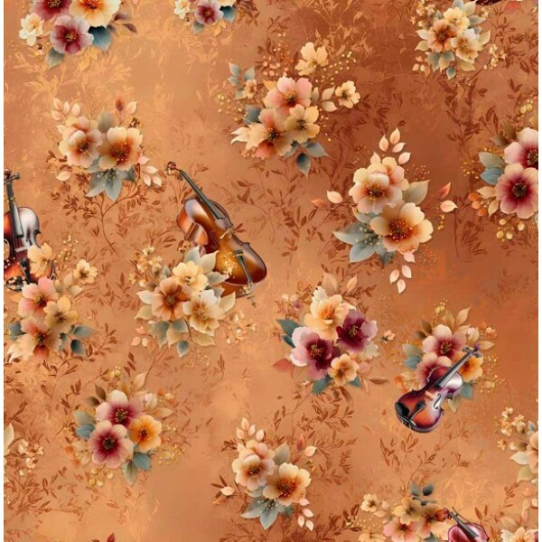 FV26 - TRICOL. COLEÇÃO SINFONIA FLORAL POR JOANA BORGA - FLORAL COM INSTRUMENTOS - 100% ALGODÃO