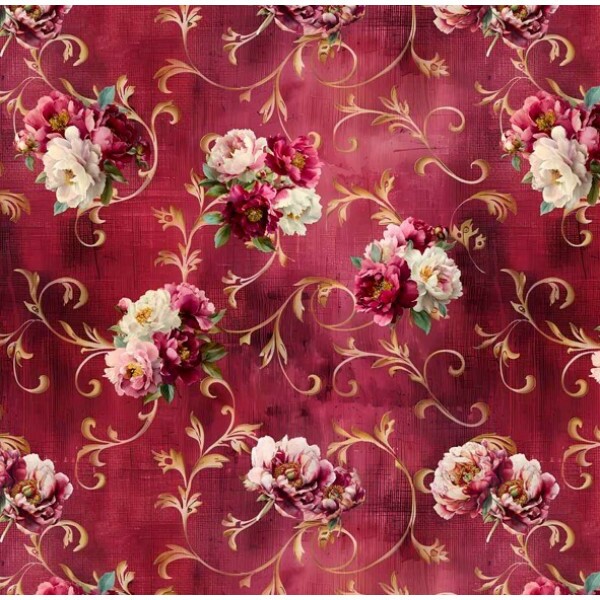 FV26 - TRICOL. COLEÇÃO SINFONIA FLORAL POR JOANA BORGA - FLORAL FUNDO VINHO - 100% ALGODÃO