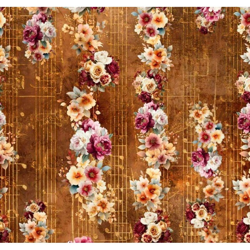 FV26 - TRICOL. COLEÇÃO SINFONIA FLORAL POR JOANA BORGA - FLORAL COM PARTITURA - 100% ALGODÃO