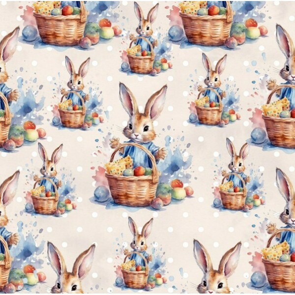 DZ25 - TRICOL. COLEÇÃO JUARI SOUZA - COLEÇÃO PASCOA 2026 - COELHOS COM CESTAS - 100% ALGODÃO - A0784-001