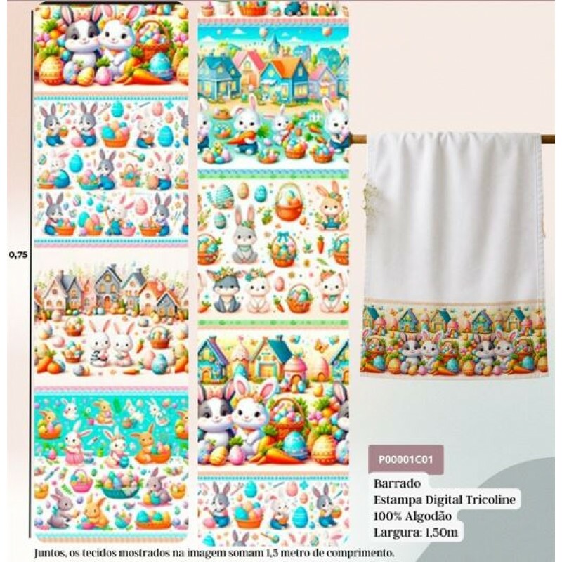 DZ26 - TRICOL. COLEÇÃO CUTE BUNNIES PASCOA - BARRADO - 100% ALGODÃO - 91442-001