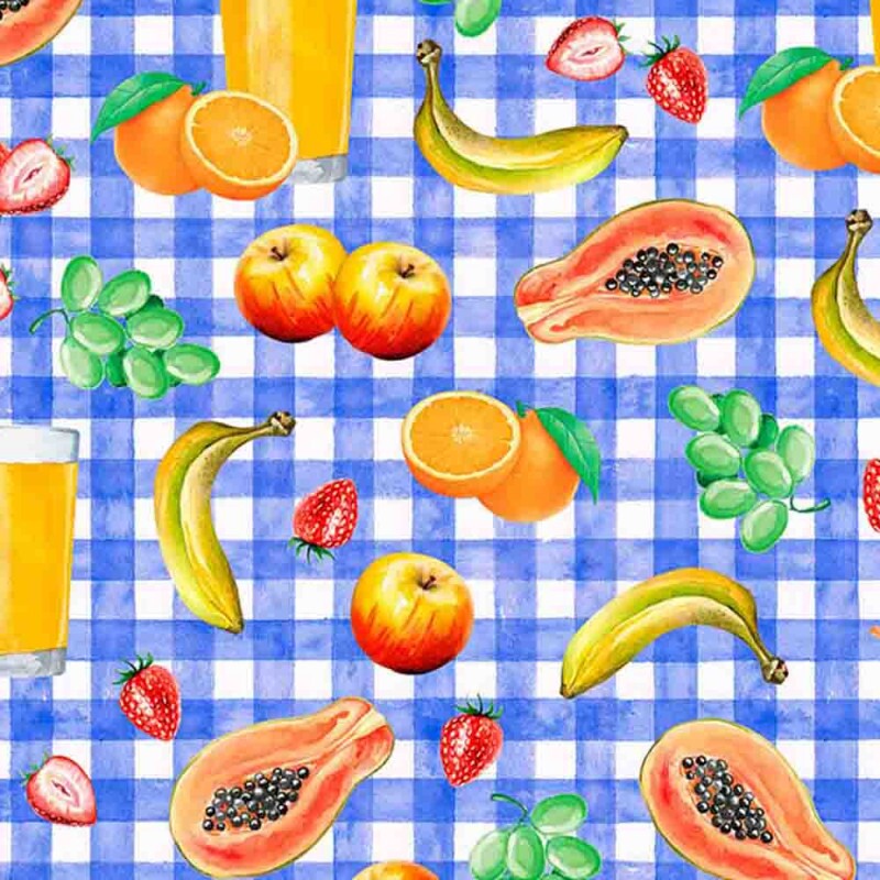 COL/ VAMOS COZINHAR - TRIC. DIGITAL EST - XADREZ AZUL C/ FRUTAS - ( 80328 VAR,01 ) - C