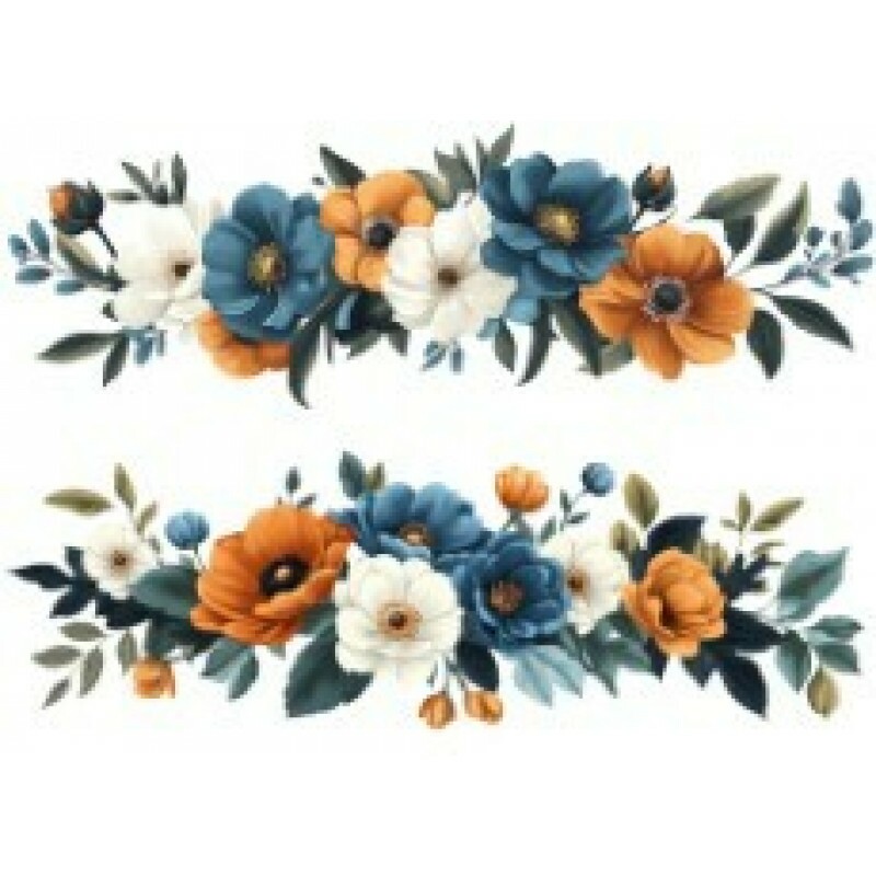 TRANSFER TEXTIL PASSE E CRIE - BARRADO DE FLORES AZUIS E CARAMELO